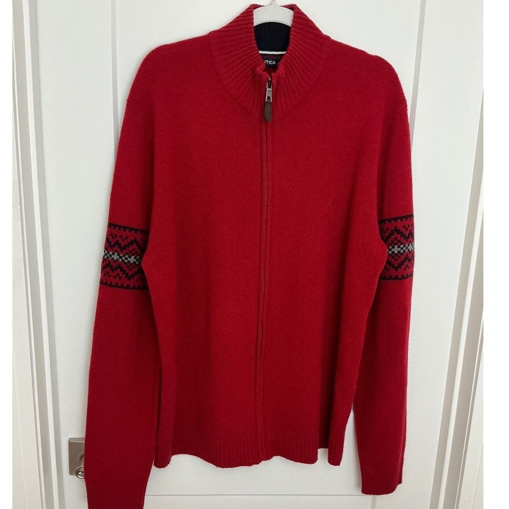 NWT Nautica Mens Crimson Red 100% Lambswool Full Zip Fair Isle 90s Sweater Ski